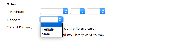 Brooklyn Public Library Card Application showing gender binary selector
