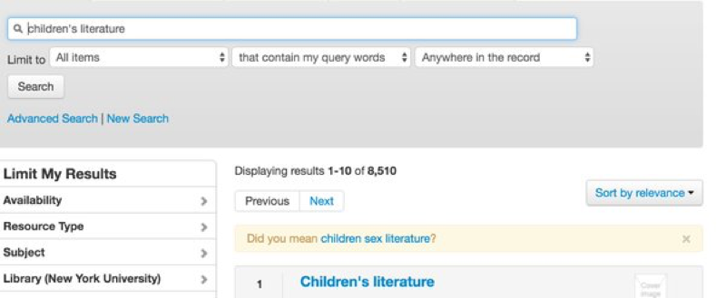 Screenshot of Primo suggesting that child sex literature instead of childrens literature