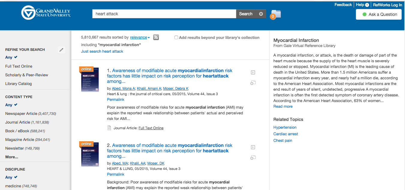 Screenshot of Summon search showing heart attack equated with myocardial infarction