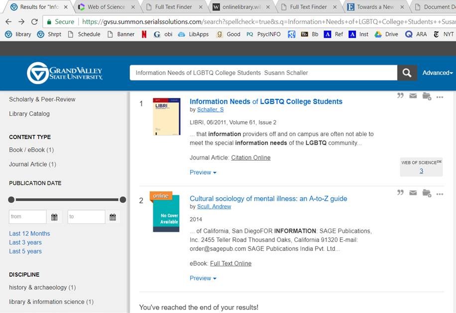 Screenshot of Summon suggesting a result for mental illness on a known item search for an lgbt title