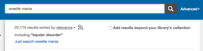 Screenshot of Summon search showing wrestle mania with query expansion showing bipolar disorder